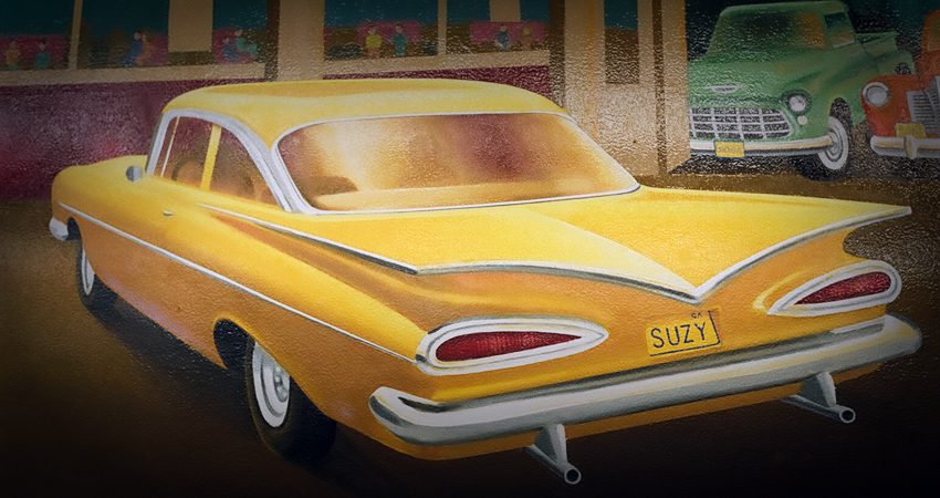 A painting of an old yellow car in front of a building.