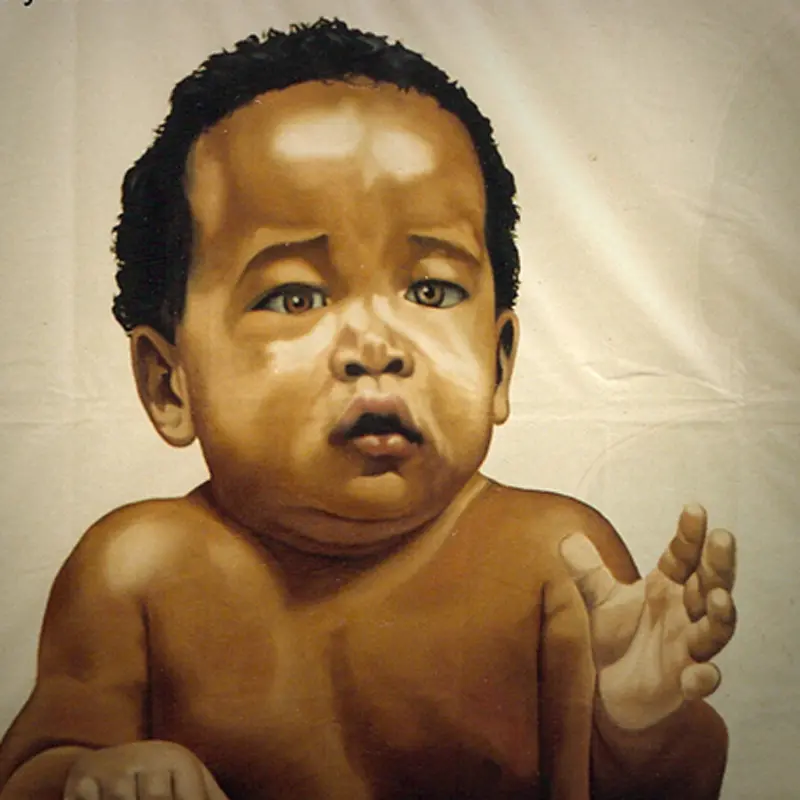 A painting of a baby with brown skin and blue eyes.
