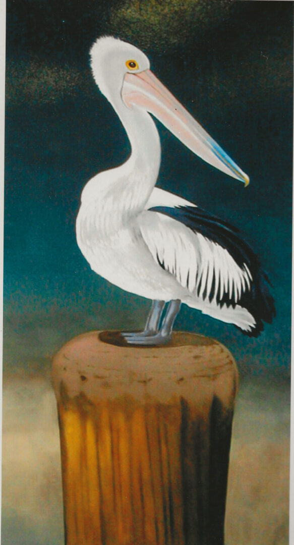 A painting of a pelican sitting on top of a stump.