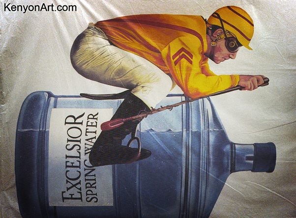 A painting of jockey on top of water bottle.
