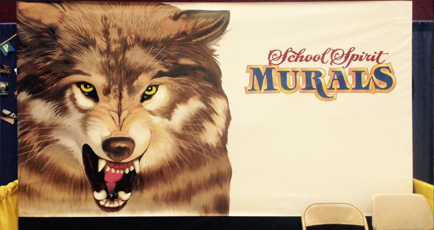 A mural of a wolf with the words school for murphys.